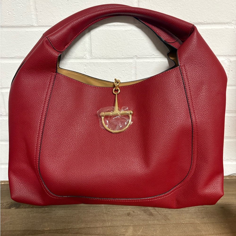 Red Leather Hobo Bag with Gold Accent